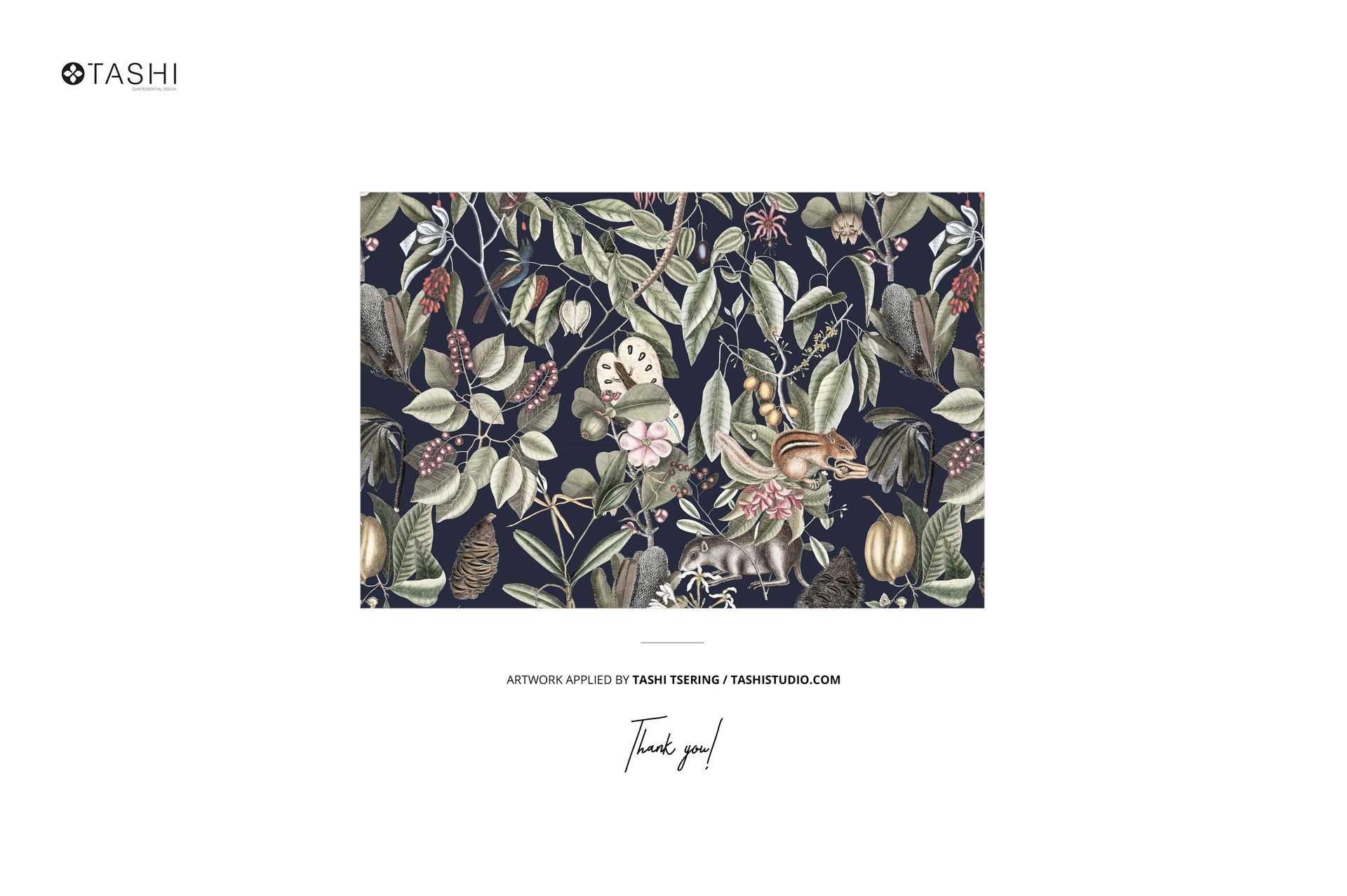 Austrian size bedding set mockup featuring a duvet and pillow with botanical and animal patterns on a dark background.