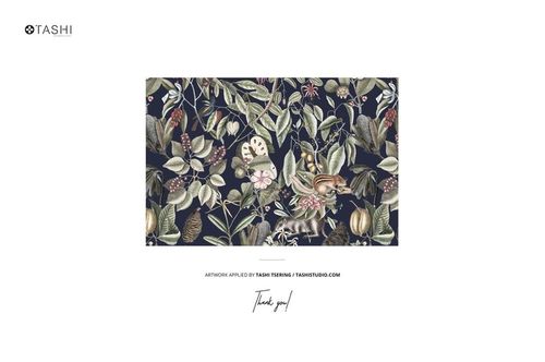 Austrian size bedding set mockup featuring a duvet and pillow with botanical and animal patterns on a dark background.