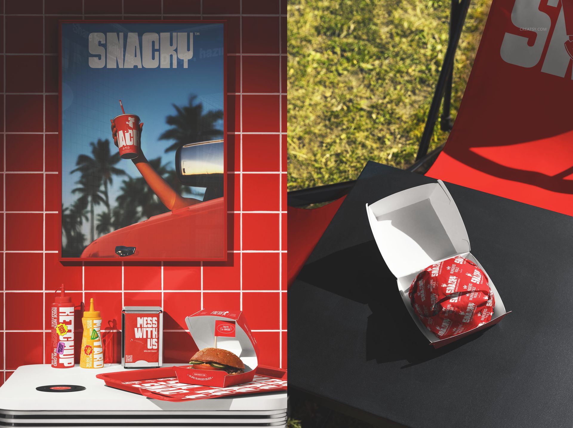Fast food restaurant branding mockup showing burger boxes, condiment bottles, napkins, and a poster on a red tiled wall.