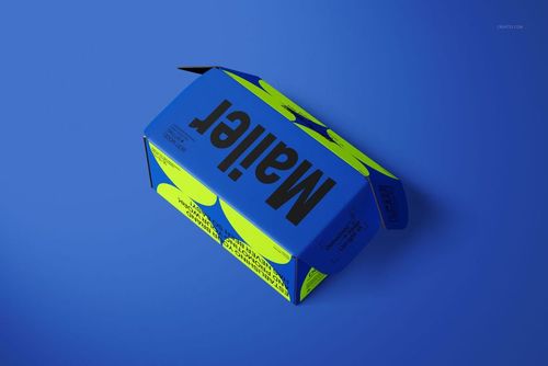 Front view of a rectangular mailer box mockup with bold black text and bright yellow patterns on a blue background.