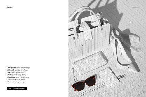 Front view of a fashion accessories PSD mockup featuring a handbag, wallet, sunglasses, silk scarf, and high heel shoe in a grid pattern.