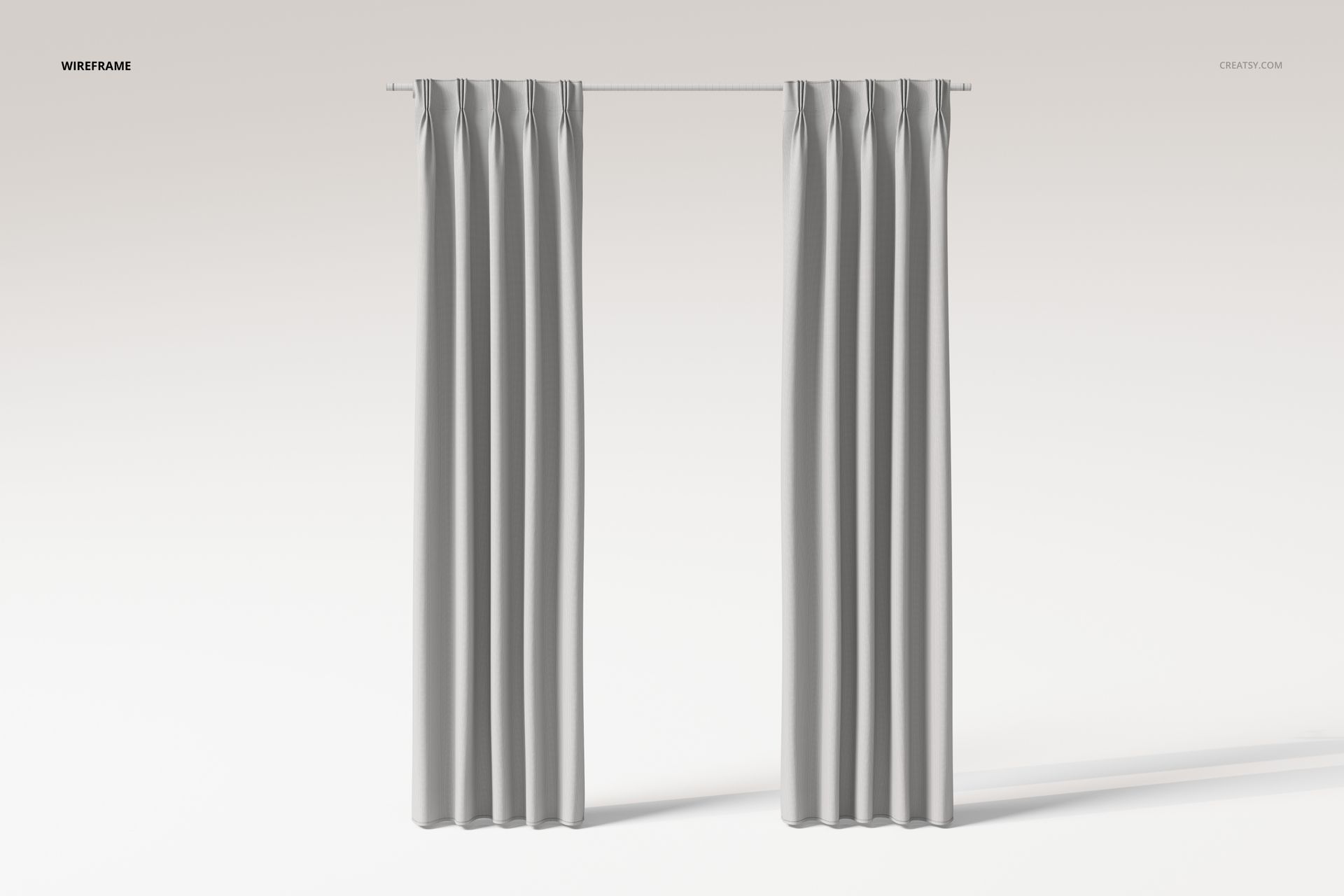 Front view of pinch pleat curtains in a light gray color, hanging from a rod against a plain neutral background.