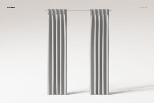 Front view of pinch pleat curtains in a light gray color, hanging from a rod against a plain neutral background.