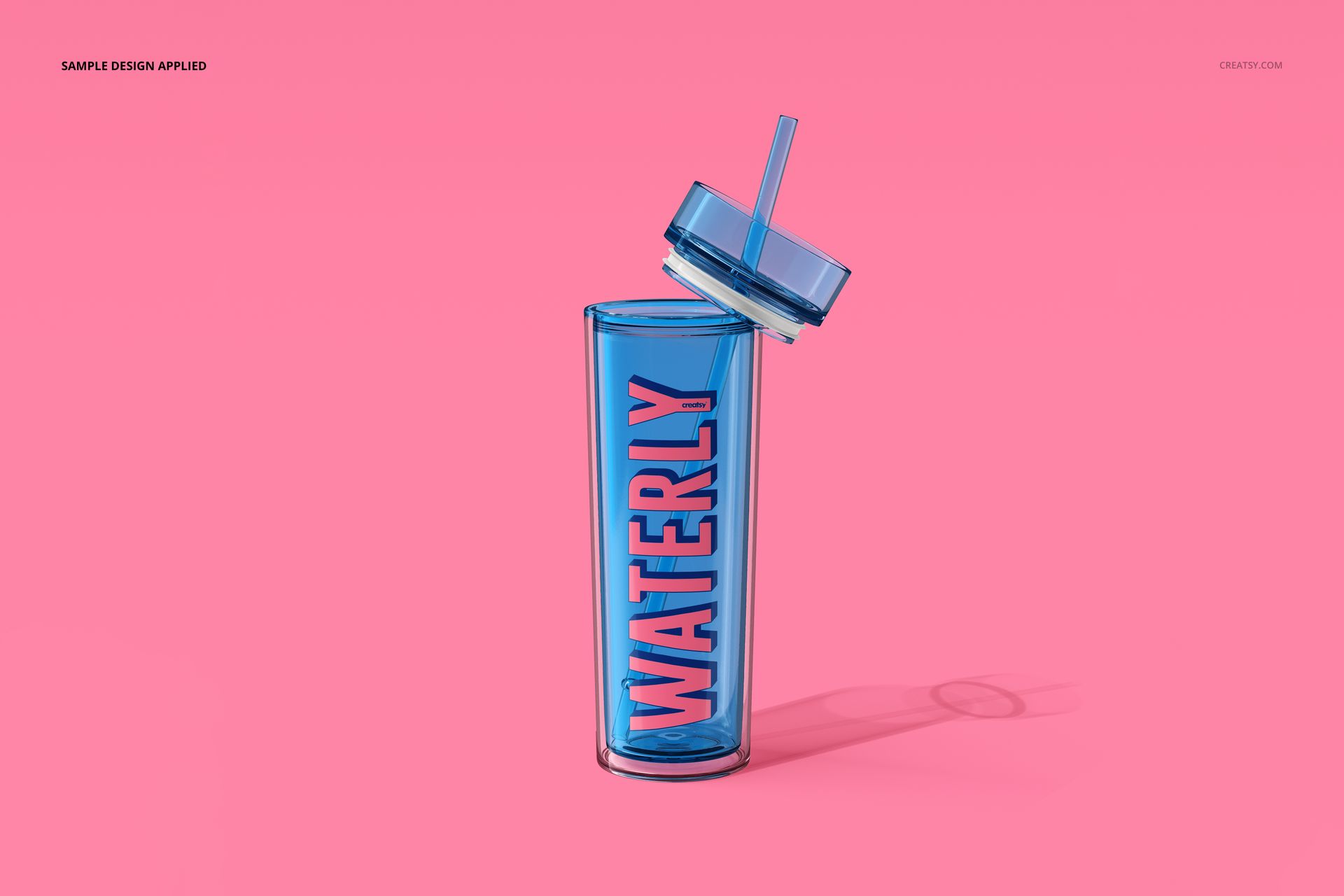 Transparent blue acrylic tumbler mockup with lid and straw, standing upright against a solid pink backdrop.