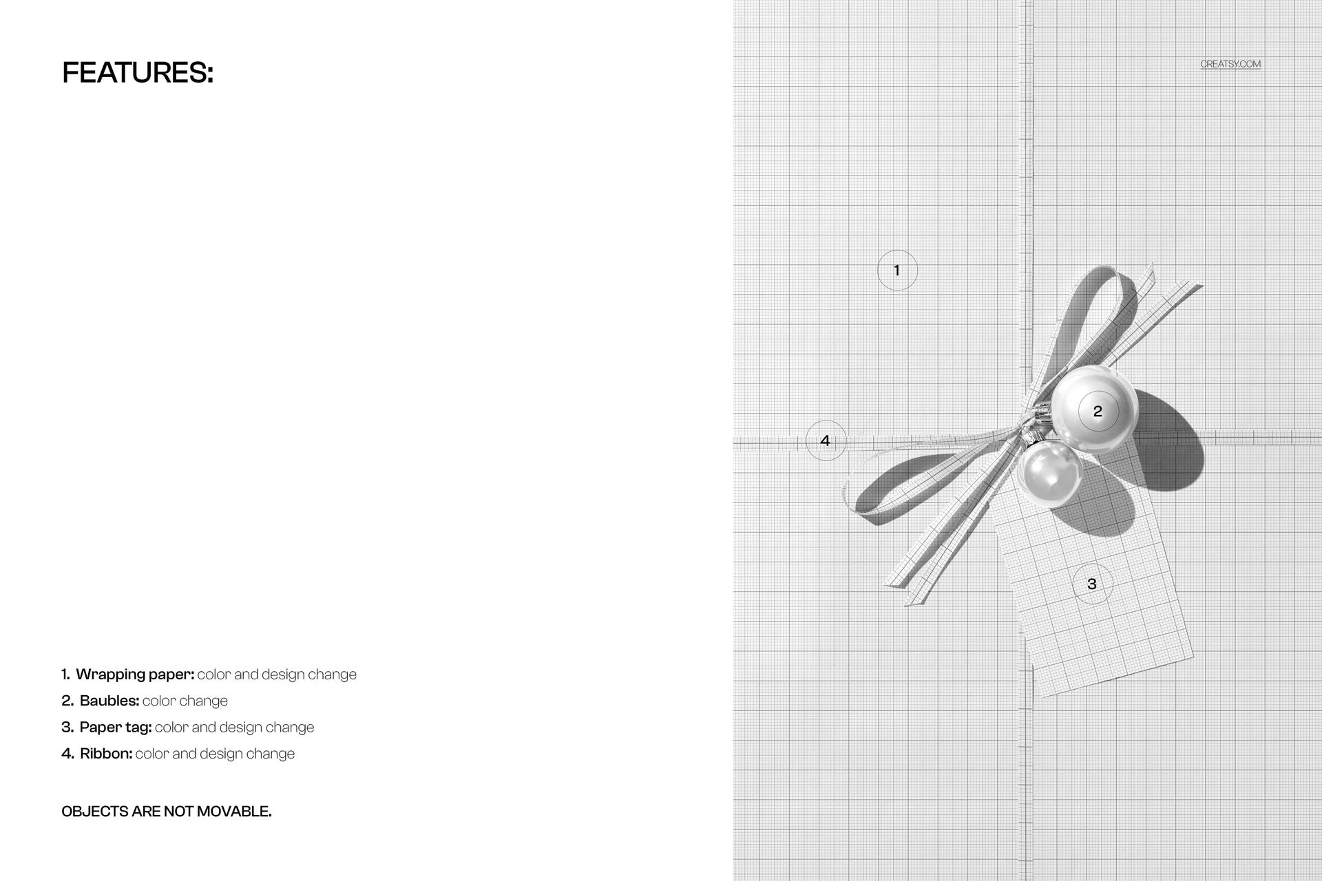 Top view of a Christmas gift box wrapped in patterned paper, decorated with a ribbon and a paper tag, shown in a PSD mockup.