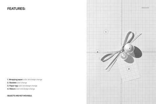 Top view of a Christmas gift box wrapped in patterned paper, decorated with a ribbon and a paper tag, shown in a PSD mockup.