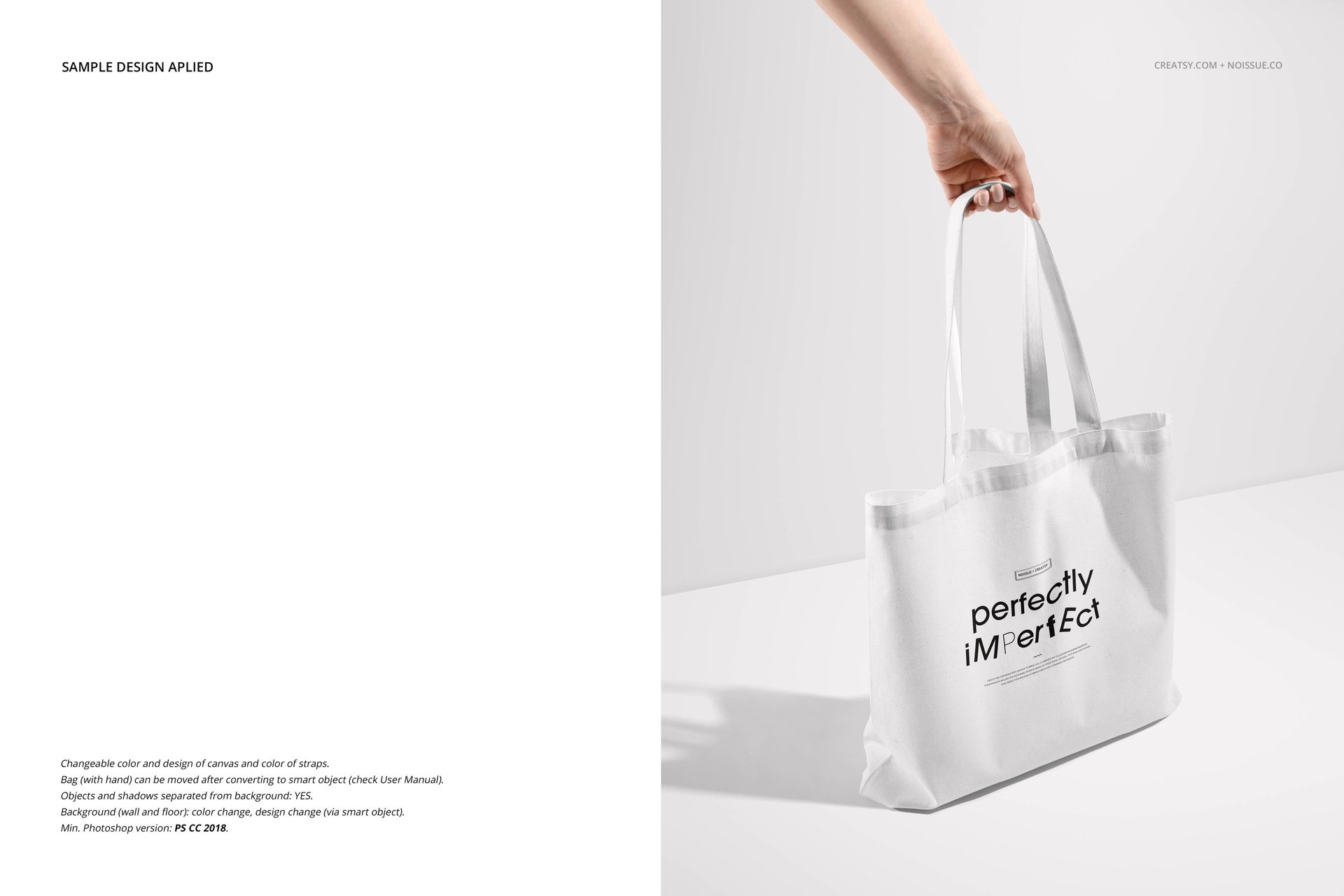 White tote bag with black text design held by a hand, displayed on a light surface in a front-side view mockup.