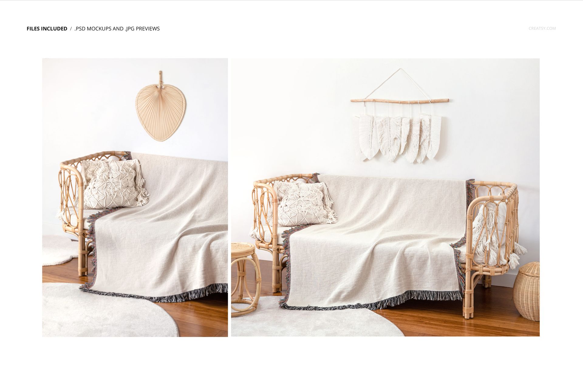 Boho style living room featuring a light woven blanket mockup on a wicker sofa, with decorative pillows and wall art.