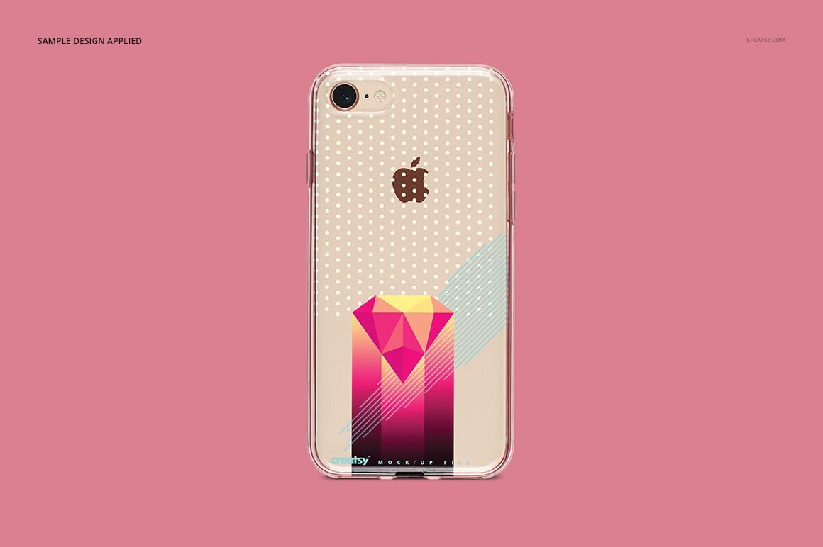 Clear iPhone 8 case mockup featuring geometric and polka dot design, shown from the back on a pink background.