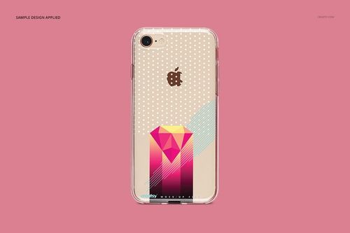 Clear iPhone 8 case mockup featuring geometric and polka dot design, shown from the back on a pink background.