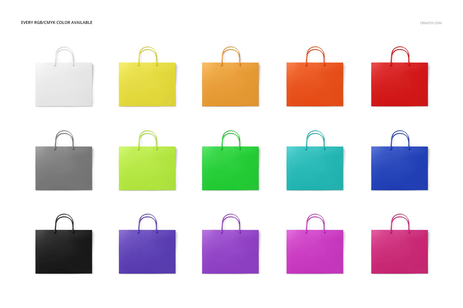 Eurotote bag PSD mockup set showing sixteen rectangular tote bags in different bright colors, front facing.