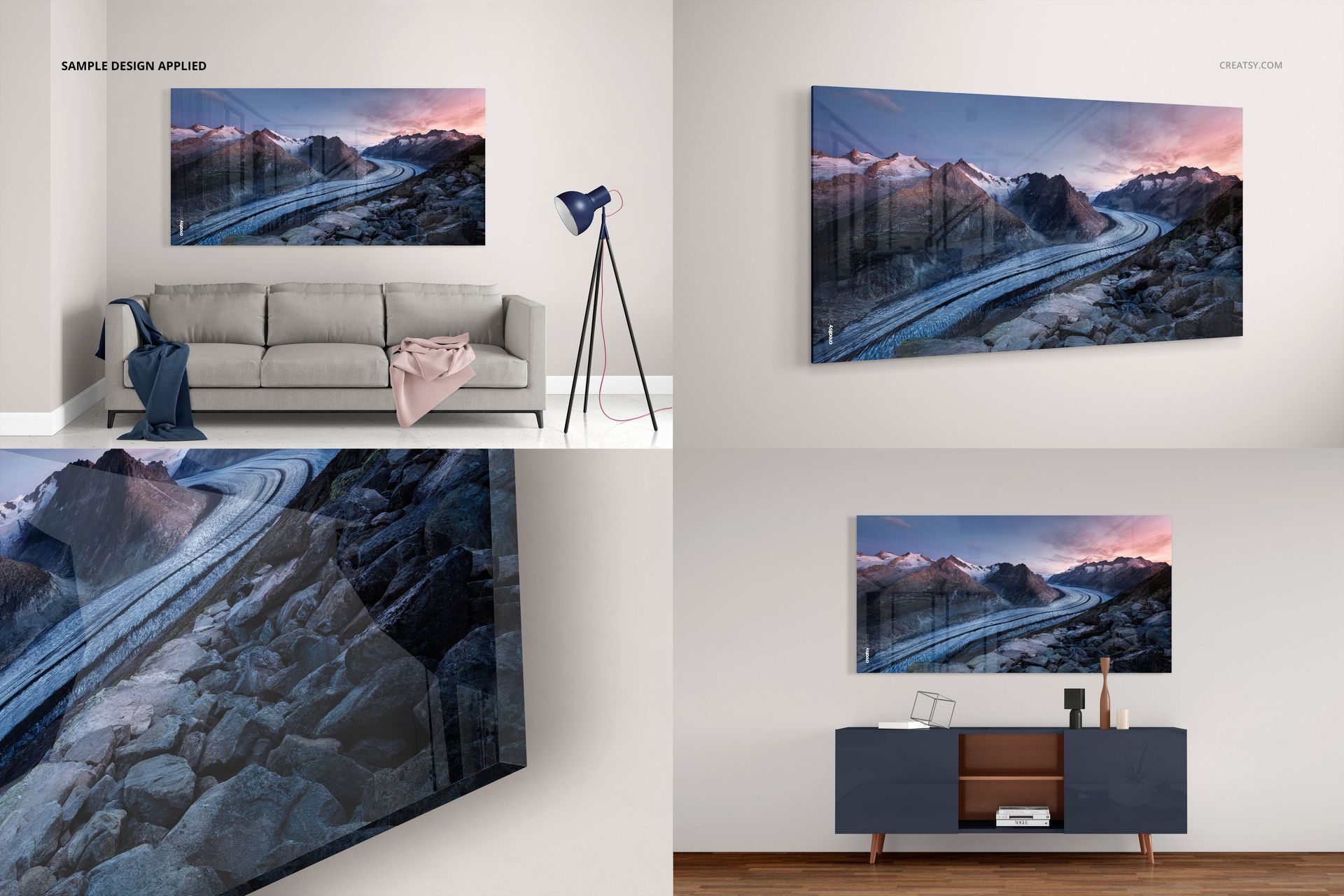 Rectangular acrylic print mockup featuring a mountain landscape, shown above a sofa and sideboard in a modern room.