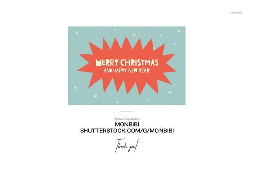 Front view of a festive gift tag mockup featuring a red starburst shape with Merry Christmas and Happy New Year text on a blue background with white stars.