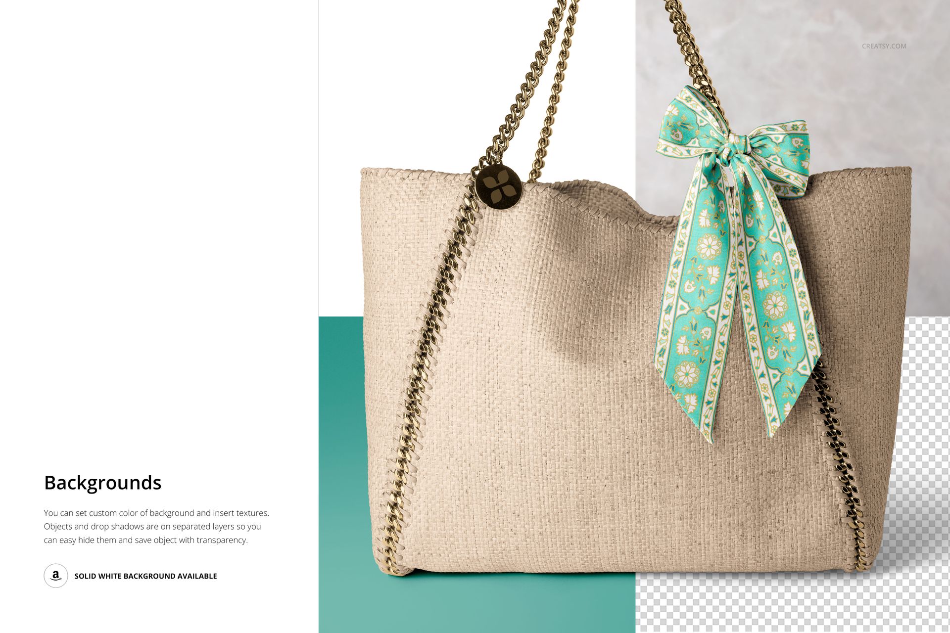 Beige woven handbag with a chain strap, decorated with a green patterned twilly scarf, PSD mockup scene.