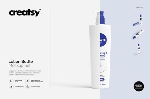 Lotion bottle mockup featuring a sleek white container and blue dispenser, shown from the front with minimal props.
