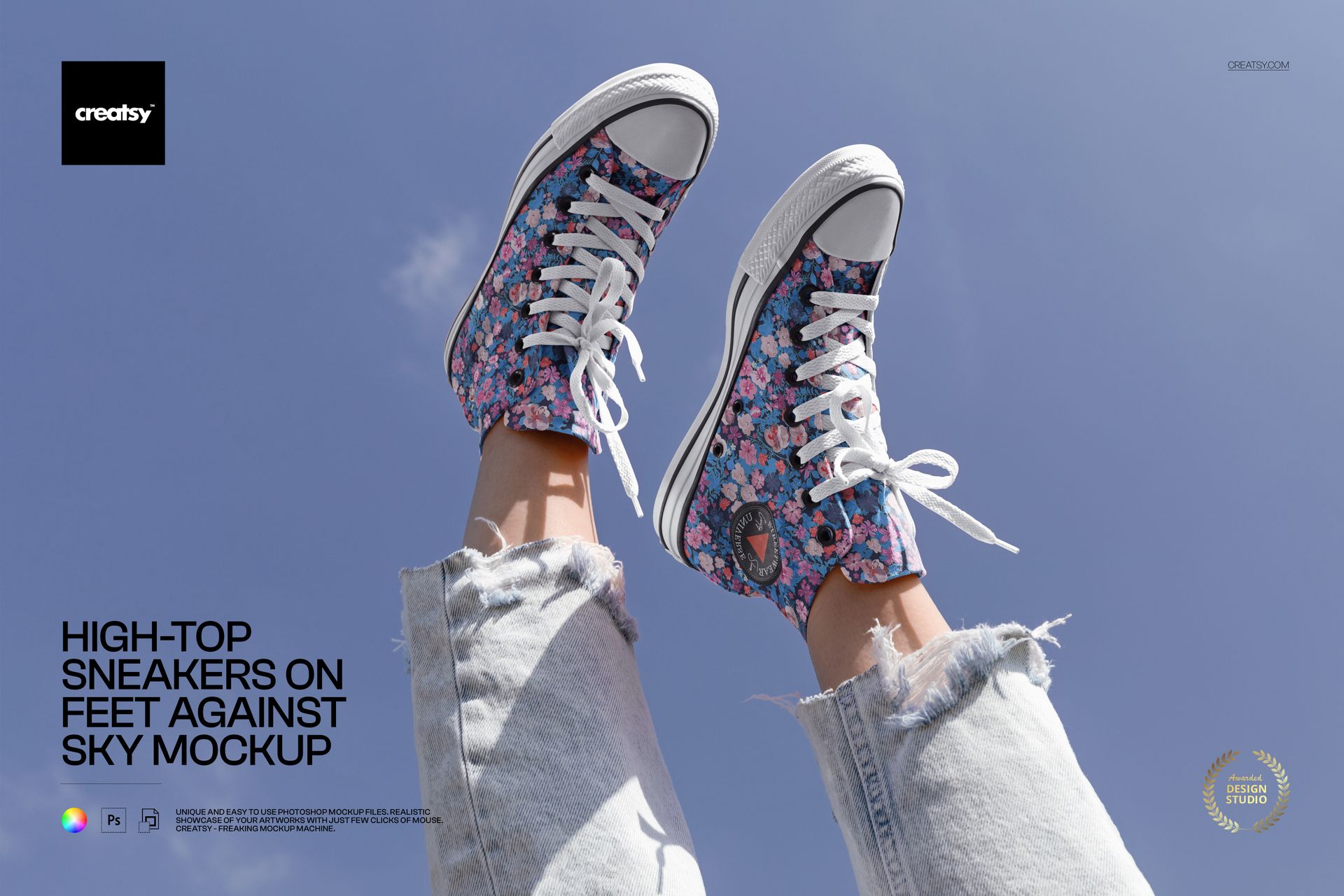 PSD mockup showing patterned high-top sneakers on feet, legs raised toward the sky, with light denim jeans visible.