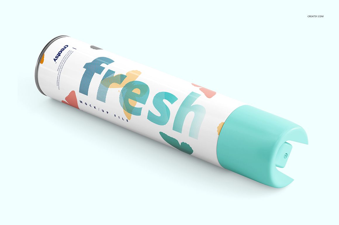 PSD mockup of a cylindrical air freshener can featuring a blue cap and playful multicolor pattern, front perspective.