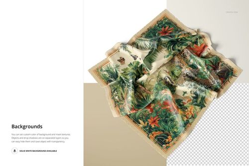Square silk scarf mockup displayed in perspective view, featuring a vibrant jungle pattern with green foliage and animals.