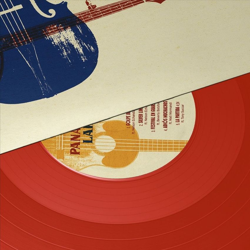 Translucent red vinyl record and album cover mockup shown from above, featuring bold graphic artwork and text on the label.