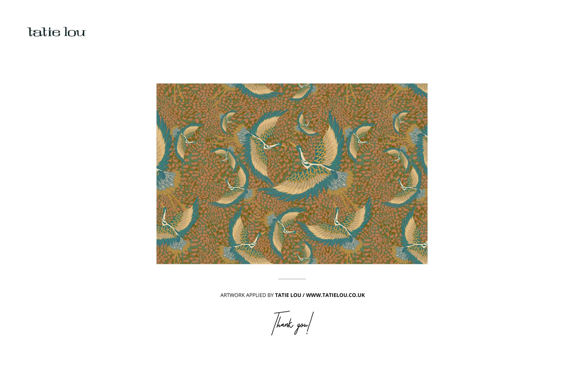 Rectangular textile pattern mockup featuring stylized birds and leaves in teal, gold, and orange tones on a white background.