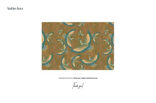 Rectangular textile pattern mockup featuring stylized birds and leaves in teal, gold, and orange tones on a white background.