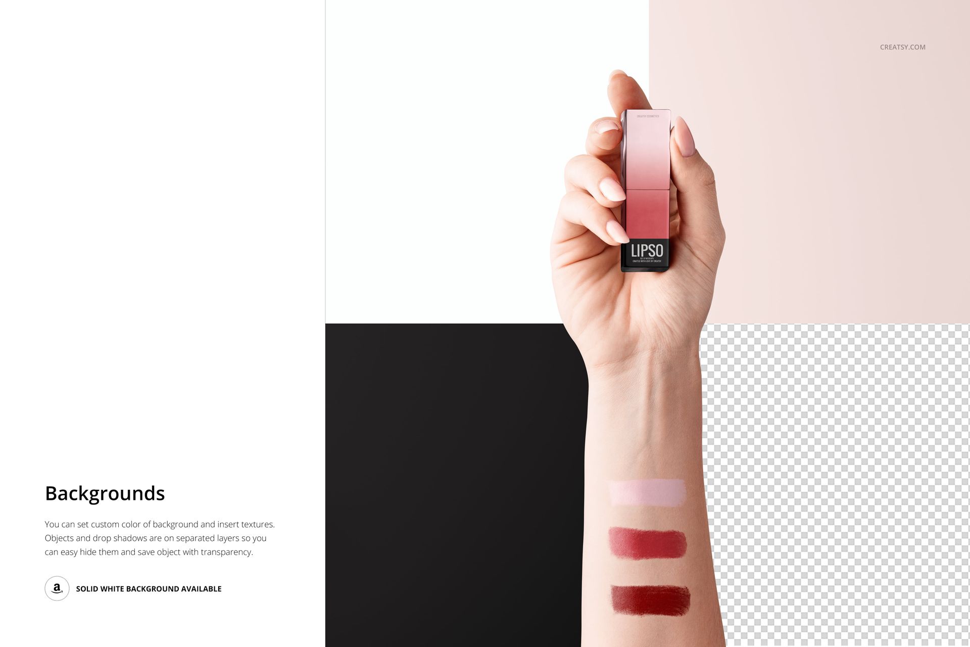 PSD mockup featuring a female hand with lipstick swatches on the forearm, holding a lipstick tube in front of multi-tone panels.