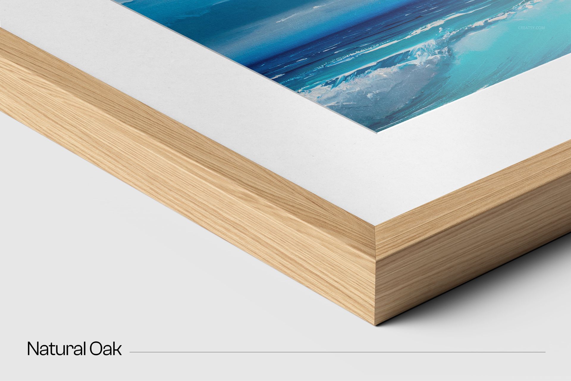 Detailed close-up of a 20 mm solid wooden frame mockup in natural oak, displaying a blue-toned artwork and mat.