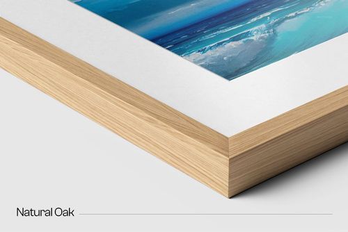Detailed close-up of a 20 mm solid wooden frame mockup in natural oak, displaying a blue-toned artwork and mat.
