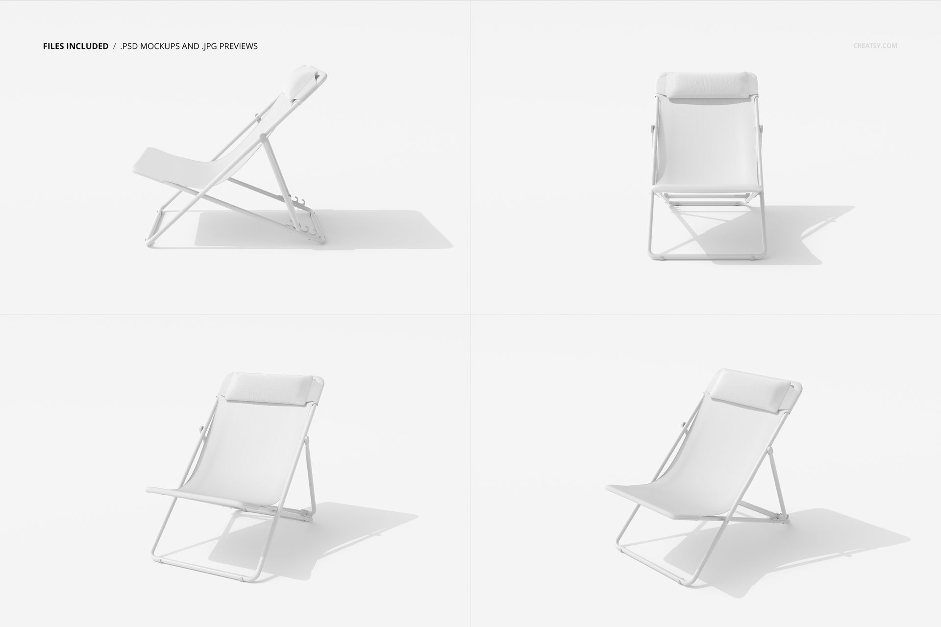 Folding beach chair mockup displayed in four different angles on a white background, highlighting chair details.