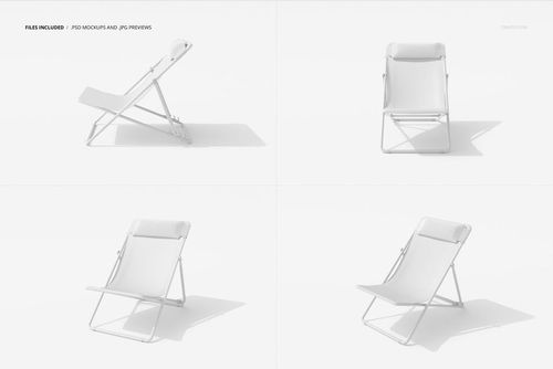 Folding beach chair mockup displayed in four different angles on a white background, highlighting chair details.