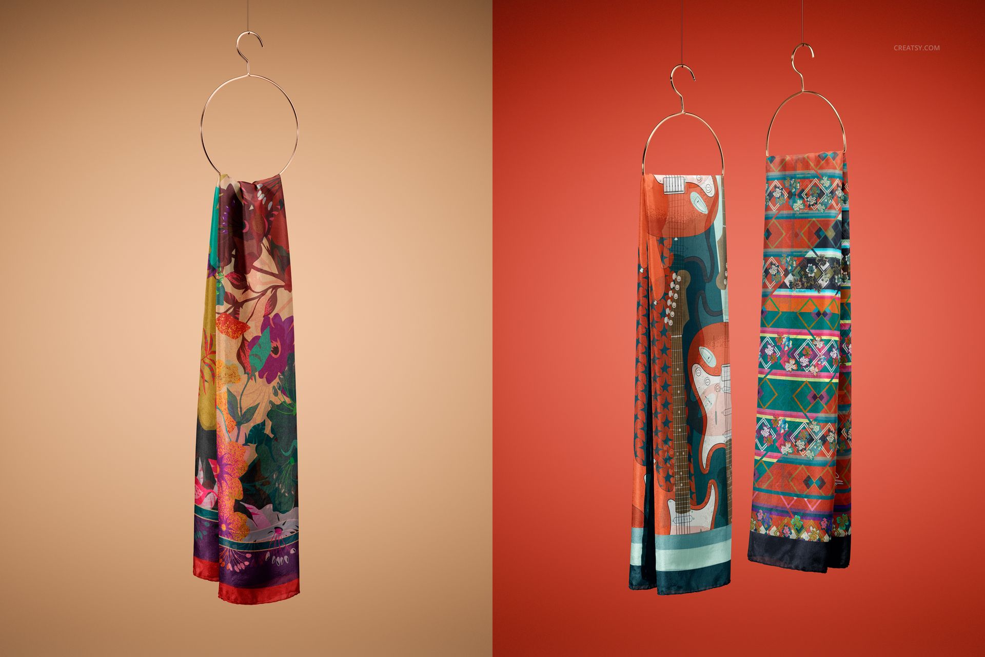 Mockup of habotai silk scarves featuring vibrant designs, displayed on hangers with beige and red backdrops.