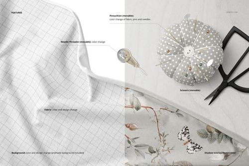 Close-up of jersey fabric mockup with a white grid pattern, floral textile, and sewing tools on a flat surface.