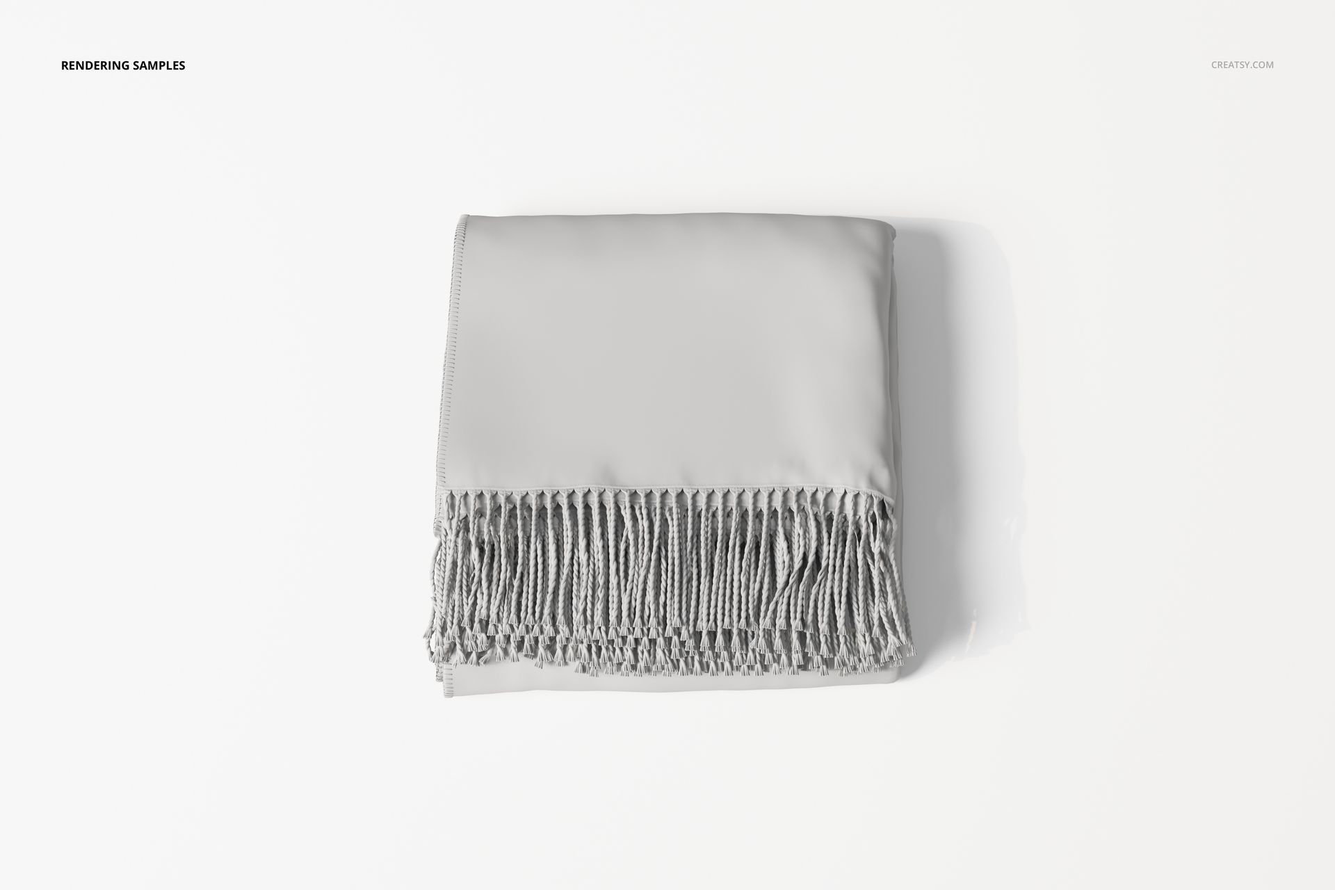 Folded throw blanket in solid light gray color with fringe detail, viewed from above on a white background.