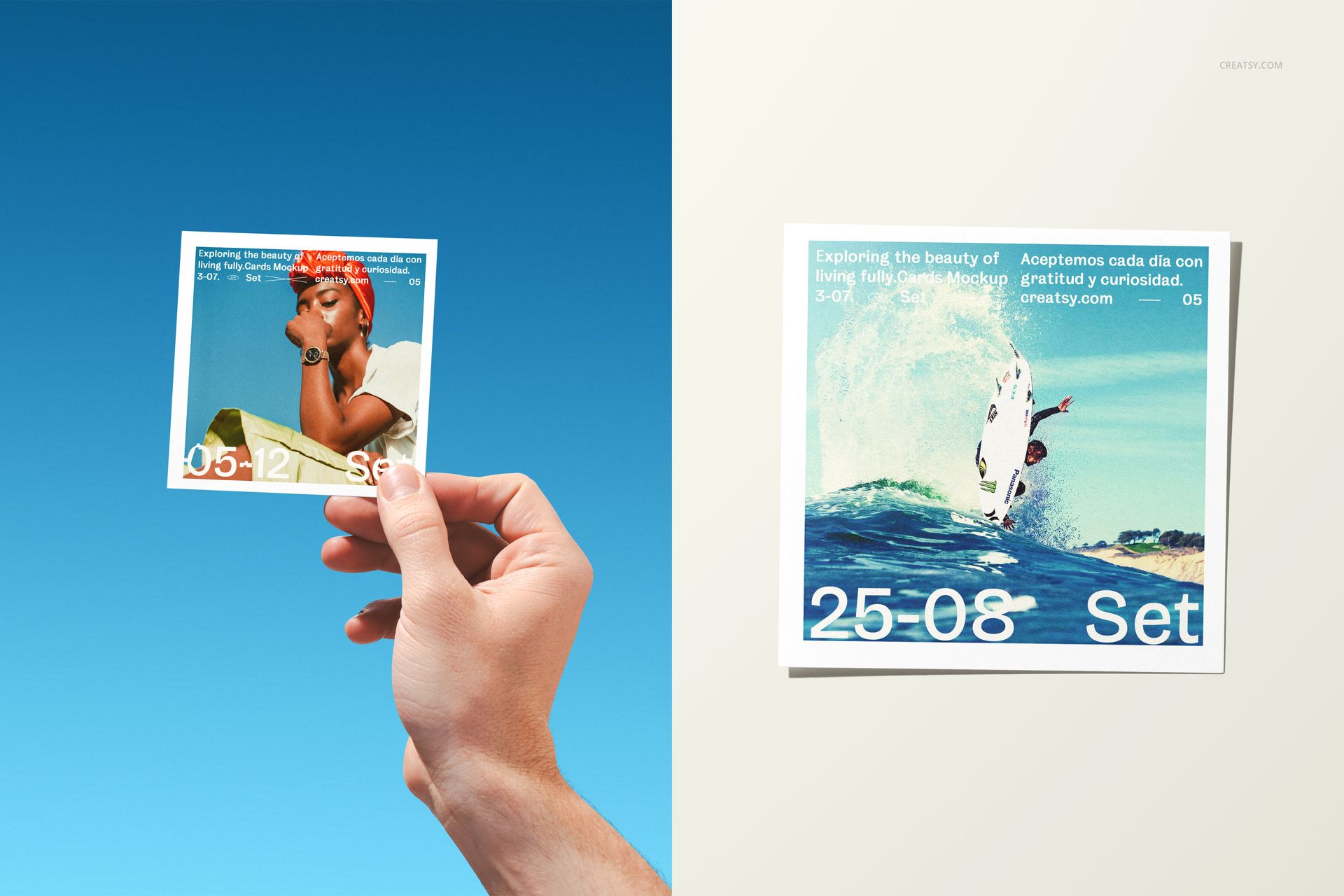 PSD mockup set showing a pair of square photo prints, featuring colorful images and bold date text overlays.