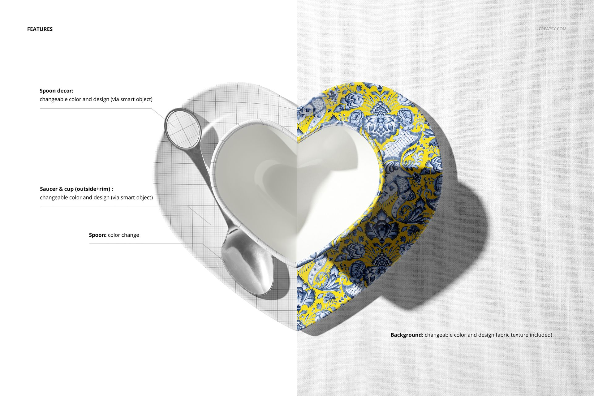 Heart-shaped cup, saucer, and spoon mockup shown from an overhead view, split between plain and patterned designs.