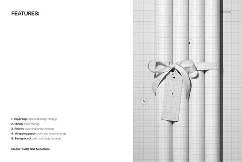 Four cylindrical wrapping paper rolls in light tones, arranged vertically with a ribbon and paper label, top view mockup.