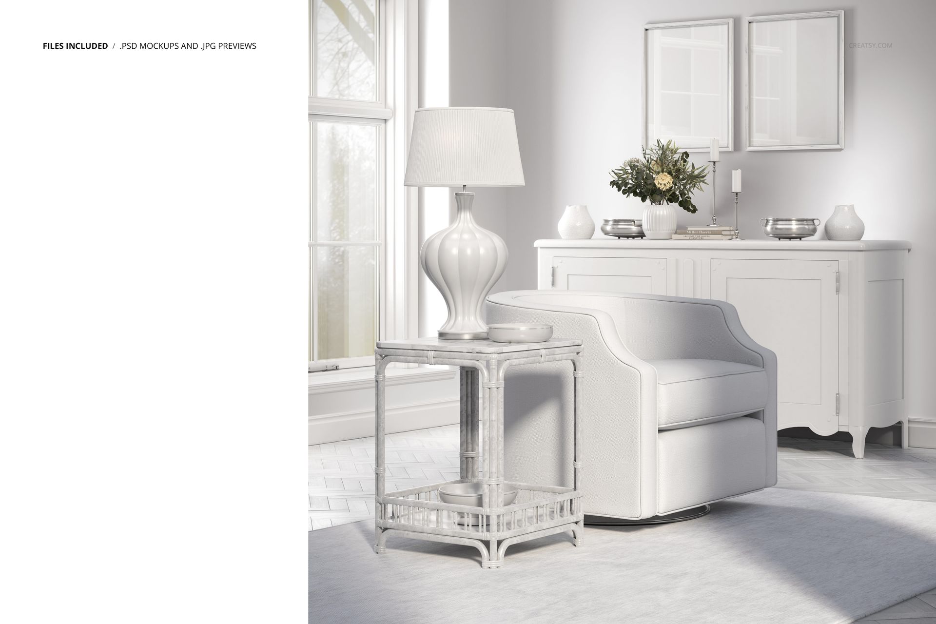 Front view of a coastal living room mockup featuring a white armchair, side table with lamp, and cabinet in bright sunlight.