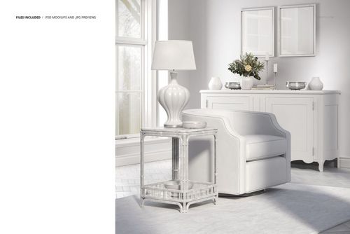 Front view of a coastal living room mockup featuring a white armchair, side table with lamp, and cabinet in bright sunlight.