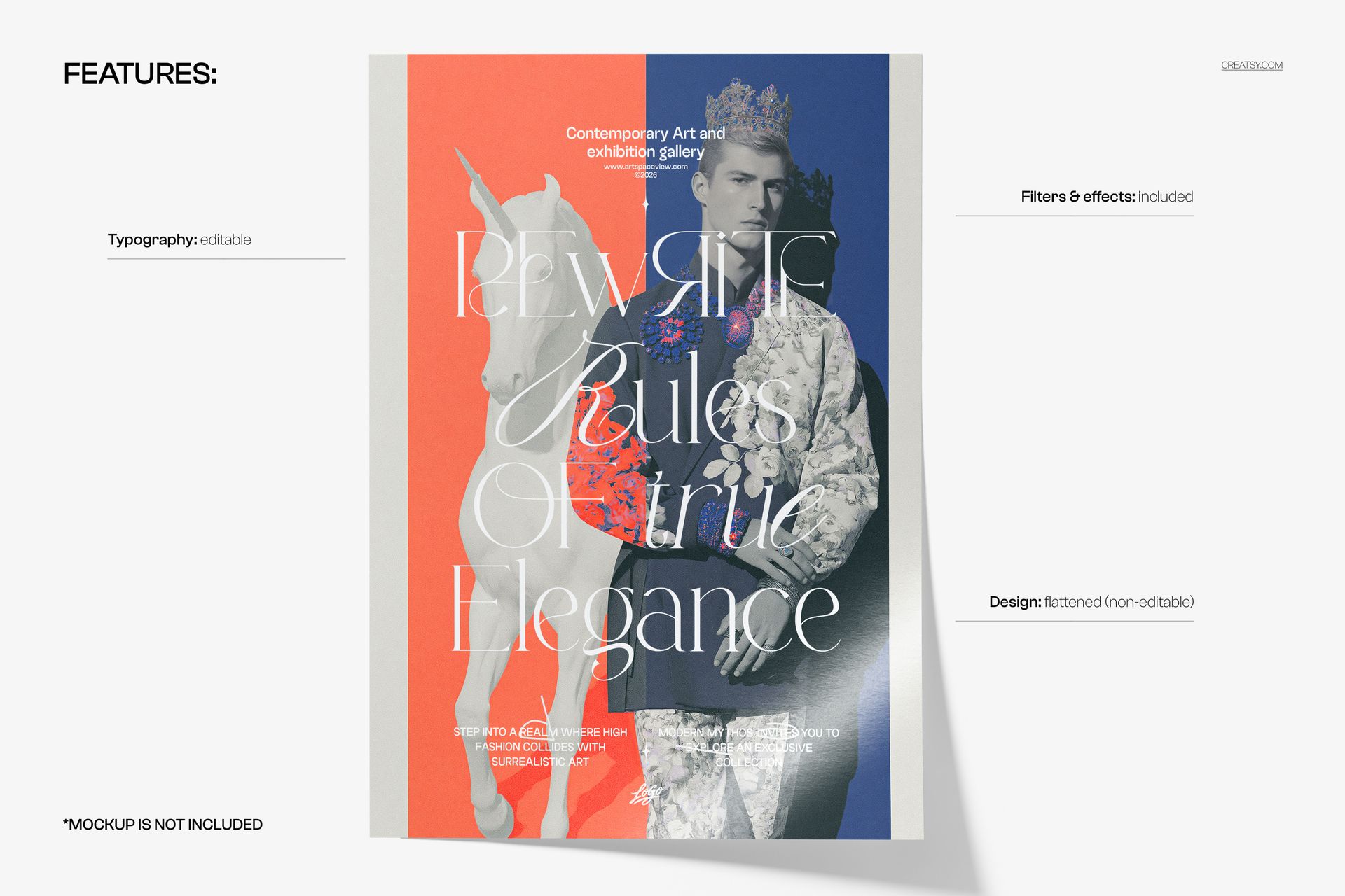 PSD mockup of a poster template showing a mythological scene with a crowned person and horse, divided by orange and blue colors.