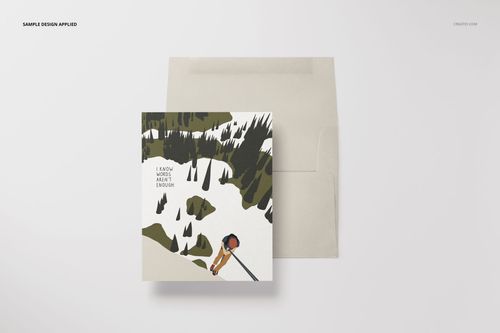 A2 stationery mockup with a card displaying a snowy forest scene and envelope, arranged on a clean white surface.