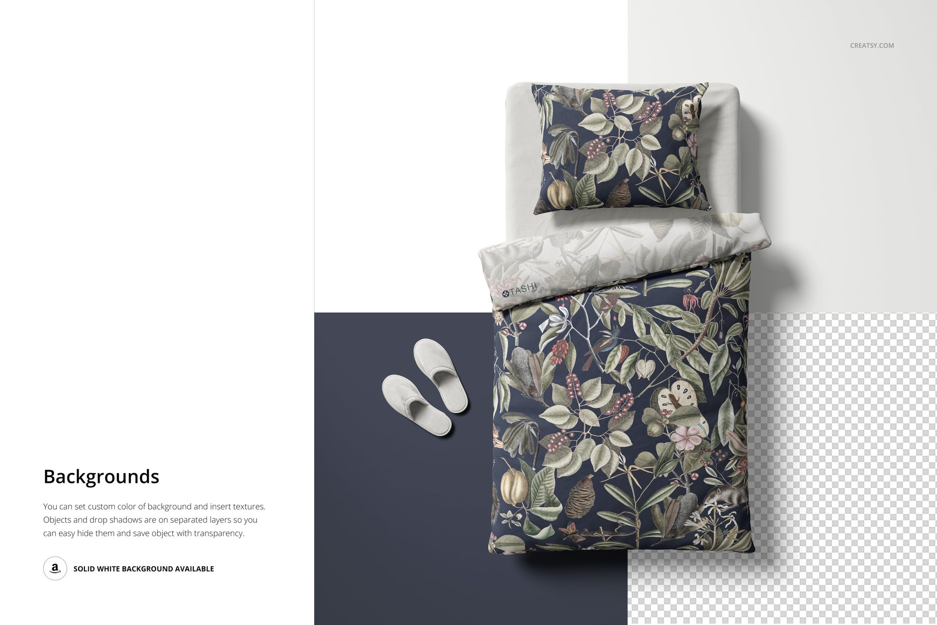Austrian size bedding set mockup featuring a botanical pattern on a duvet and pillow, shown from a top view.