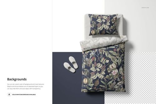 Austrian size bedding set mockup featuring a botanical pattern on a duvet and pillow, shown from a top view.