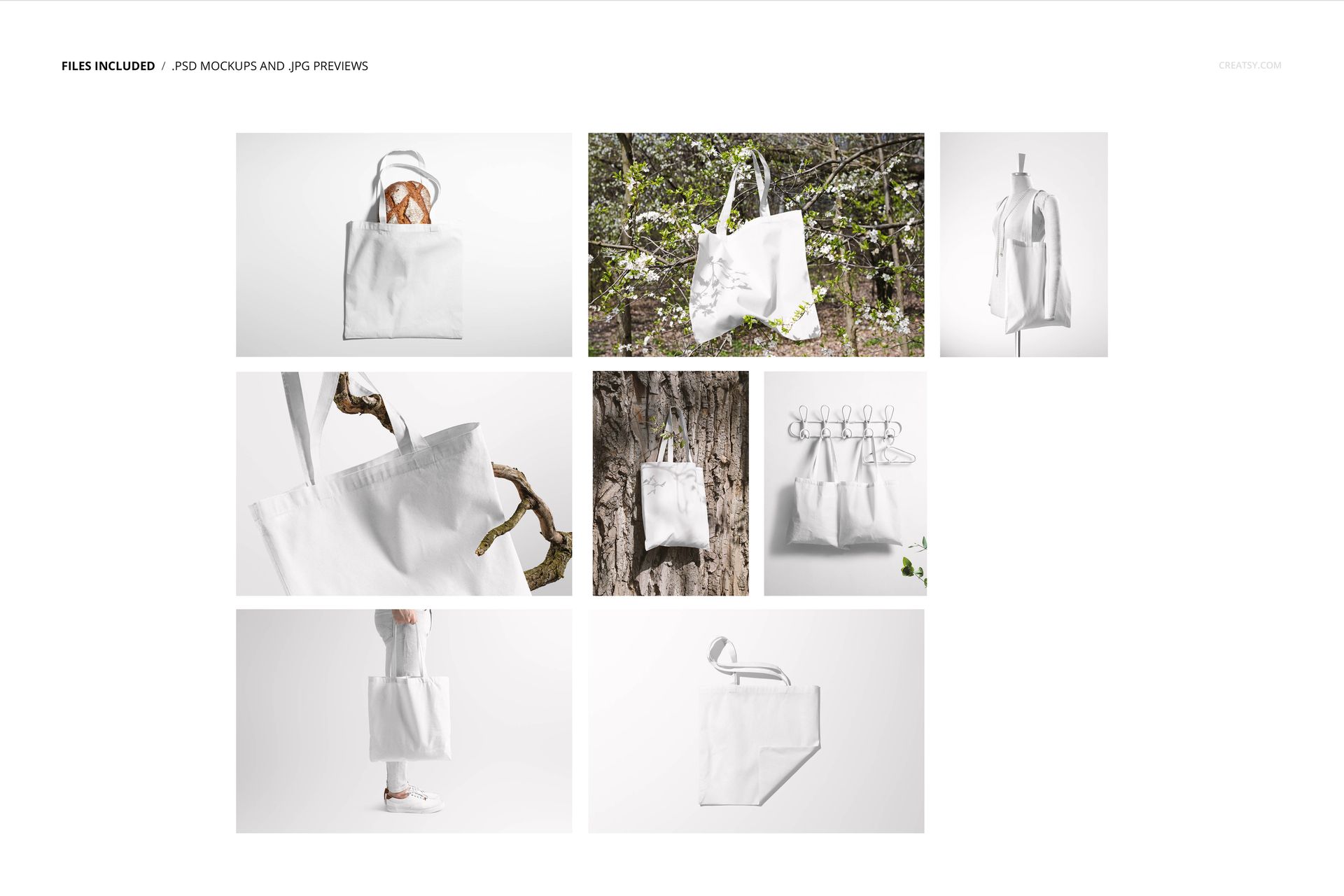 White tote bag mockup set shown in multiple environments, featuring close-ups and hanging views on branches and stands.