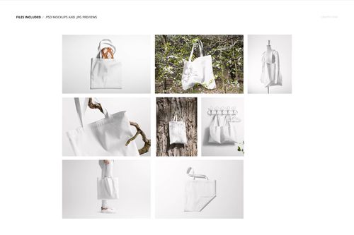 White tote bag mockup set shown in multiple environments, featuring close-ups and hanging views on branches and stands.