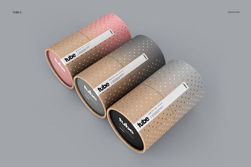 Set of four paper tube mockups in pastel pink, brown, gray, and beige, arranged side by side with dotted designs.