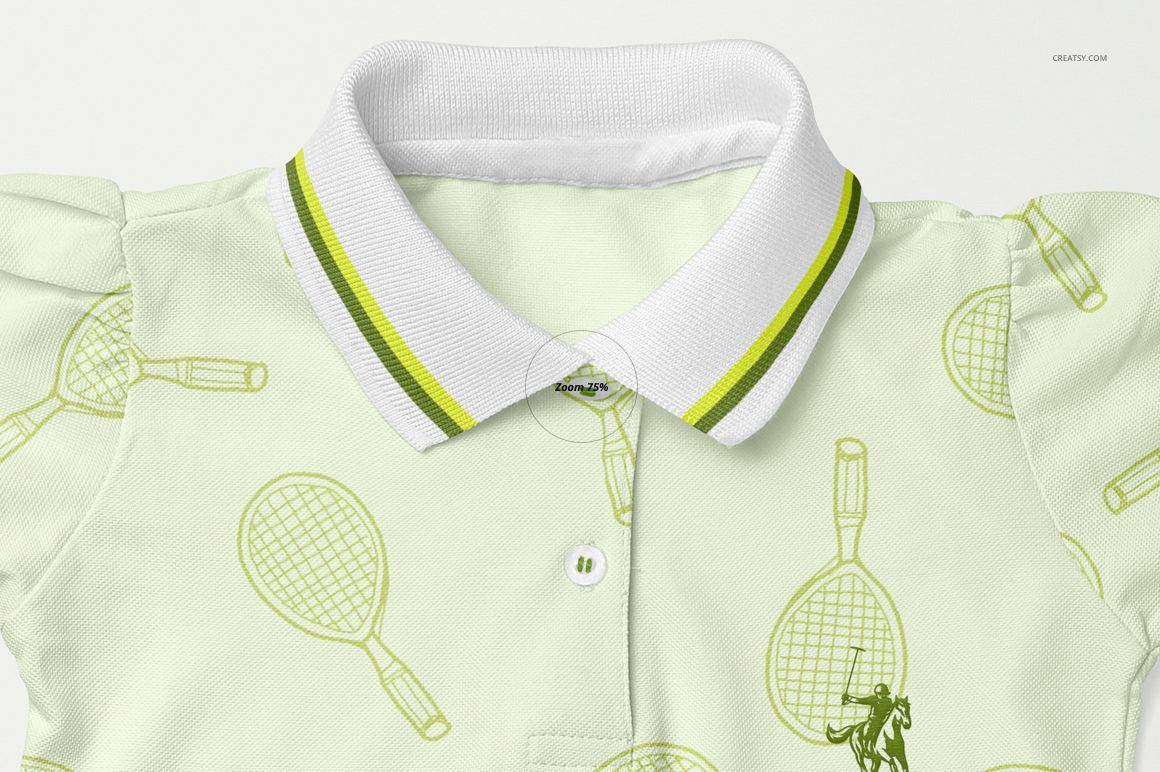 Front view of a kids' polo dress mockup with a tennis racket pattern in light green, featuring a white collar with green stripes.