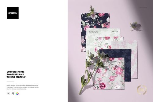 PSD mockup showing multiple cotton fabric swatches with dark and light floral prints, accompanied by thistle flowers.