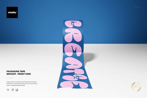 Packaging tape mockup shown from the front, featuring a blue tape with large pink text and shadow on a clean surface.