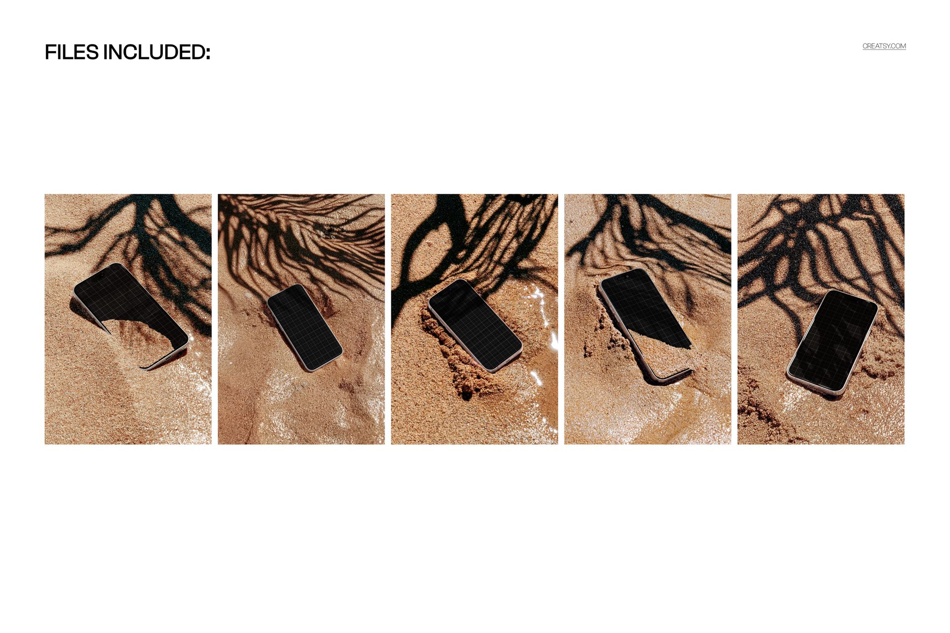iPhone smartphone mockup set displayed on sandy surface with shadows, shown from various angles and perspectives.