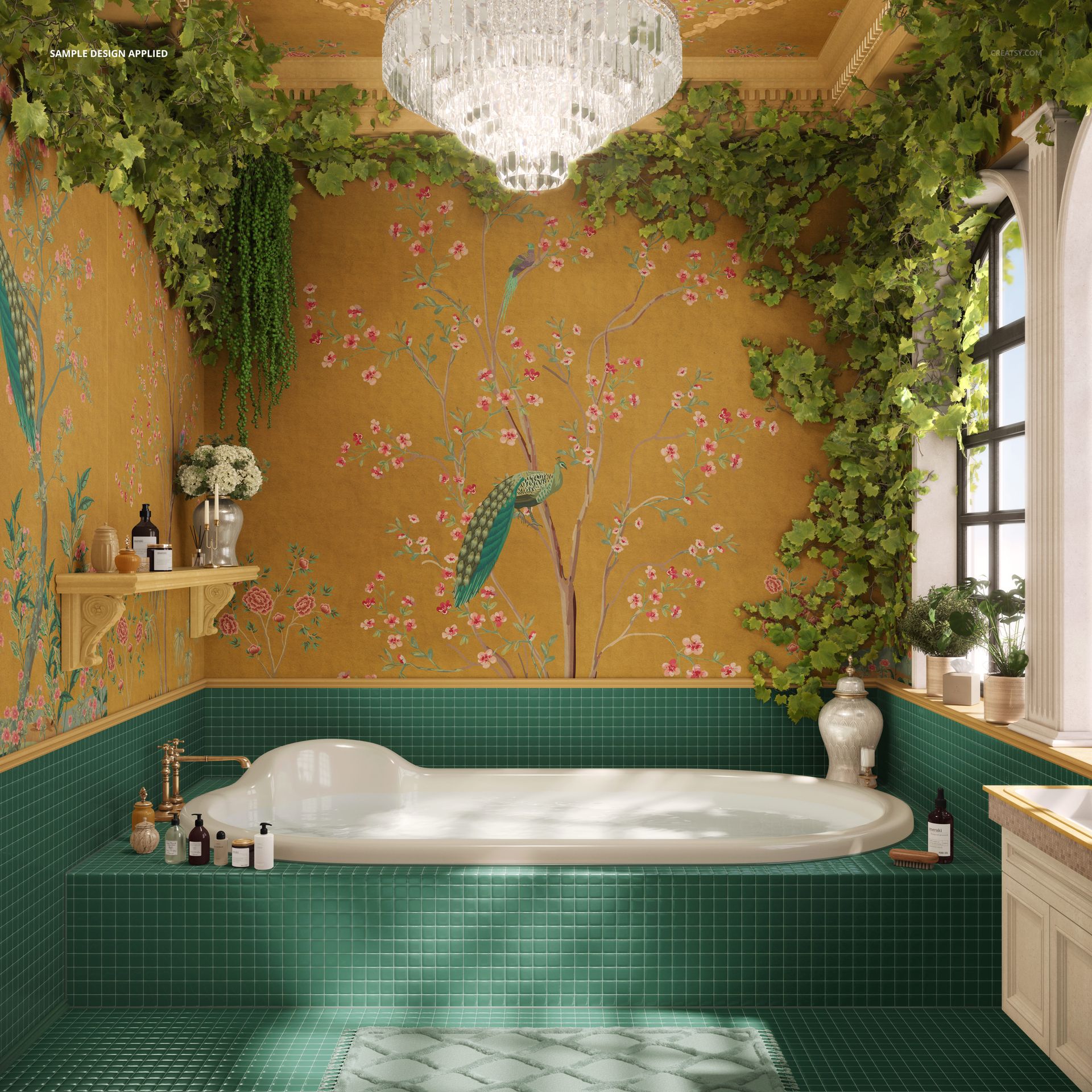 PSD mockup of a Mediterranean-inspired bathroom with leafy vines, floral wallpaper, and a classic bathtub setup.